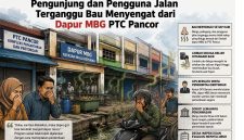 Pengunjung dan Pengguna Jalan Merasa Tergangganggu Bau Menyengat dari Dapur MBG PTC Pancor. (Foto: Harian Lombok/Desain Grafis).